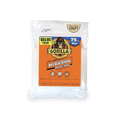 Gorilla Hot Glue Sticks, Clear Glue, Mini Size 4" Long x 0.27" Diameter, 75 Count (Pack of 1) - Safe for All Temperatures with Extended Working Time