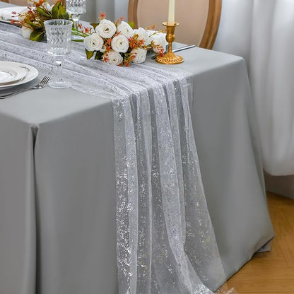 Snowkingdom 6 Pcs 10 FT Silver White Cheesecloth Table Runner Sheer Chiffon Gauze Runner, Sequin Glitter Silver Table Decoration Centerpieces for Wedding Birthday Christmas Bridal Baby Shower