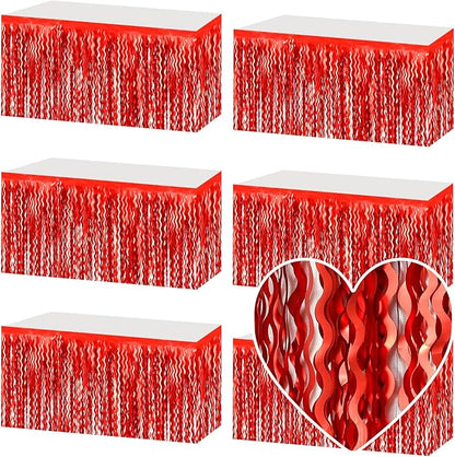 6 Pack 29x108 Inch Red Wave Foil Fringe Table Skirts Metallic Banner for Tinsel Streamer Garland Backdrop for Parade Floats Wedding, Mother's Day, Birthday Mardi Gras Party Decorations