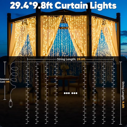 suddus 900 LED Christmas String Lights Outdoor, 9.8x29.5ft Curtain Light Plug in with Remote, 8 Modes Wall Hanging Lights for Christmas,Dorm,Wall，Window,Wedding,Party,Birthday Decor,Warm White