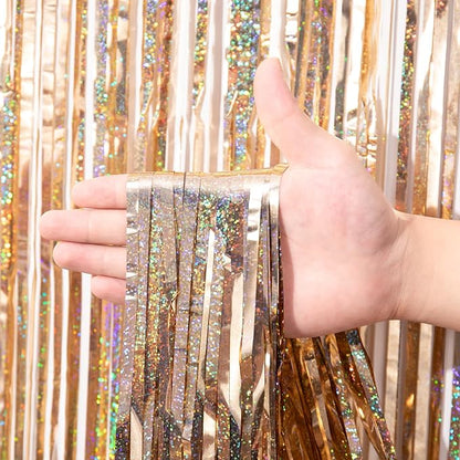 2 Pack Laser Champagne Foil Fringe Backdrop Curtains, Tinsel Streamers Birthday Party Decorations, Fringe Backdrop for Graduation, Baby Shower, Gender Reveal, Disco Party