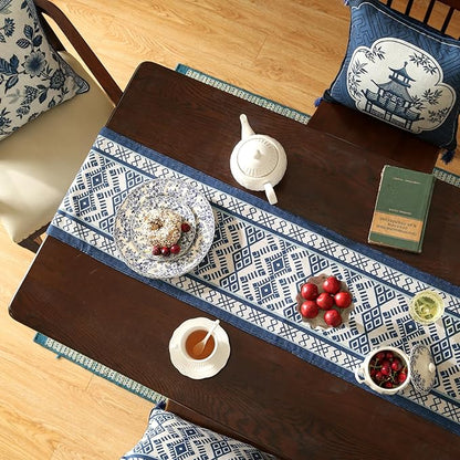 Chinoiserie Blue Stripe Cloth Runner for Table,Decorative Farmhouse Linen 87 Inches Long Table Runners,Decor Tabletop for Kitchen,Dining,Party,Home,Christmas,12"*87"