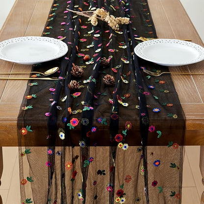 JIALE 3 Pack Black Floral Table Runner, Embroidery Daisy Seasonal Table Decorations, 120Inch 10FT Tulle Fabric for Home Decor, Bridal Shower Wedding, Baby Shower Parties, DIY Craft