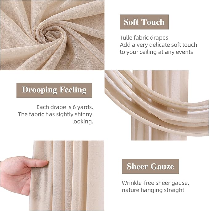 Wedding Arch Draping Fabric, 2 Panels 28" x 19Ft Deep Champagne Wedding Arch Drapes Sheer Backdrop Curtain for Wedding Ceremony Party Ceiling Decor