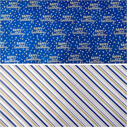 LeZakaa Reversible Blue Birthday Wrapping Paper Roll for Boys Men, Happy Birthday Lettering & Stripe Pattern with Metallic Foil in Navy Blue, Mini Roll, 17 inches x 32.8 Feet (46.45 sq.ft.)