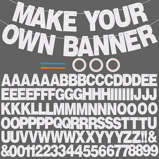 BEISHIDA 116 PCS Glitter Color White DIY Letter Banner Kit Make Your Own Banner，Including 111 Letters and Numbers 3 Rope and 3 Threading Device,Customized for Birthday Graduation Wedding Party Decor
