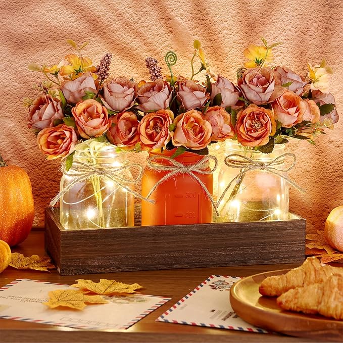 VAIPI Fall Decor Mason Jar Centerpiece Table Decorations with 3 Jar Flowers String Lights and Wooden Tray Fall Decorations for Home Dining Room Farmhouse Autumn Wedding Kitchen Living Room Bathroom