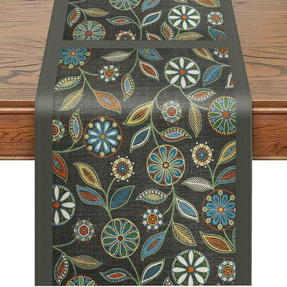 Snycler Table Runner Boho Table Runners Vintage Elegant Farmhouse Table Center Linen Decor for Home Dining Party Entrance (13x48 Inch) Gray&Green