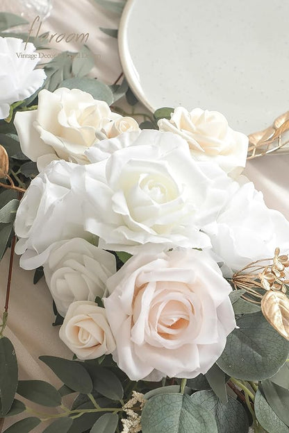 Floroom 6ft Artificial Eucalyptus Garland with Flowers Fake Greenery Faux Floral Vine Garland for Table Decor Wedding Centerpieces Bridal Shower Party Decorations, Cream White