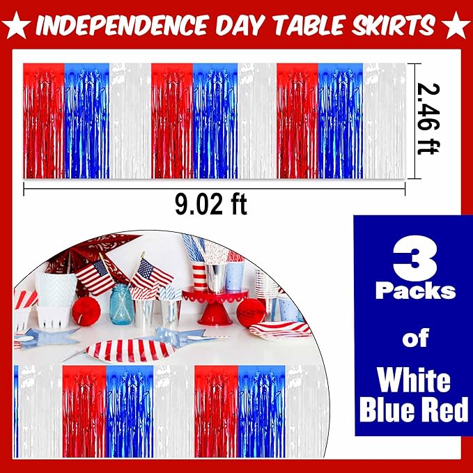 3 Pack 29 x108 Inch White Blue Red Foil Fringe Table Skirts Metallic Banner for Tinsel Streamer Garland Backdrop for Parade Floats Mother's Day, Graduate, Birthday, Wedding Party Decoration