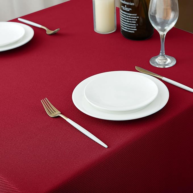 Biscaynebay Textured Fabric Christmas Table Cloth Rectangle 60x84 Inches, Red Water Resistant Spill Proof Tablecloths for Dining, Kitchen, Wedding and Parties, Machine Washable