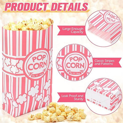 200 Pcs Paper Popcorn Bags Bulk 2 oz Large Flat Bottom Boxes Red and White Disposable Container Sleeve Movie Night Popcorn Bucket for Retro Movie Themed Party Carnival Supplies (Pink and White)