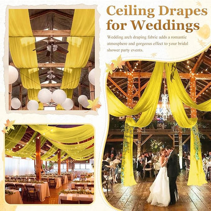 MODFUNS Gold Ceiling Draping Fabric Sheer Ceiling Drapes for Weddings 5x20ft 6 Panels Chiffon Arch Drapery Tent Ceiling Drape Vintage Tulle Curtain Backdrop for Ceremony Party Event Supplies