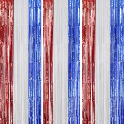3 Pack Foil Fringe Backdrop - Red&White&Blue Shiny Tinsel Curtains for Party Decoration/Photo Booth Props - 3.3x8.2 FT Metallic Foil Backdrop for Birthday, Wedding, Graduation, Christmas.