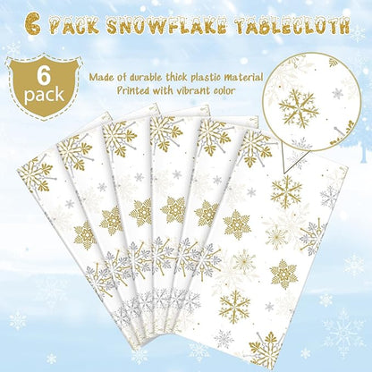 6Pcs Christmas Snowflake Party Tablecloths Decorations,Plastic White and Gold Table Cloth,Winter Rectangle Table Cover for Christmas New Year Birthday Baby Shower Holiday Party Decorations,54x108 inch