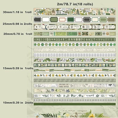 18 Rolls Botanical washi Tape Set for Crafts and Journaling DIY Scrapbooking Supplies Flower washi Tape for Scrapbooking Decorating Tape