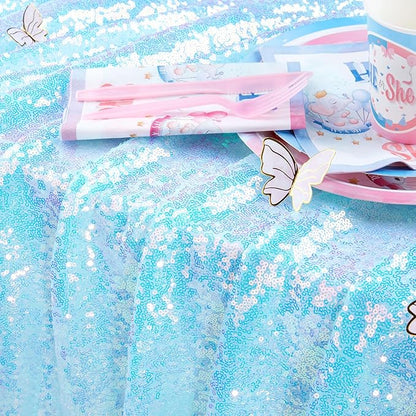 QueenDream Mermaid Blue Tablecloth 90x156 Inches Rectangle Tablecloths Sequin Iridescent Disco Party Decorations
