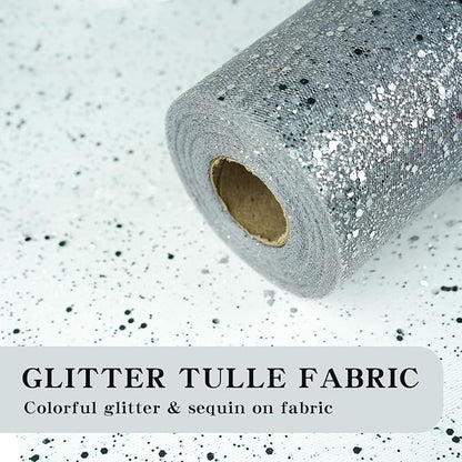 Glitter Tulle Rolls, 6” by 50 Yards (150FT) Sparkling Tulle Spool Ribbon Sequin Tulle Netting Fabric for Tutu Skirt Wedding Birthday Baby Shower (Silver)