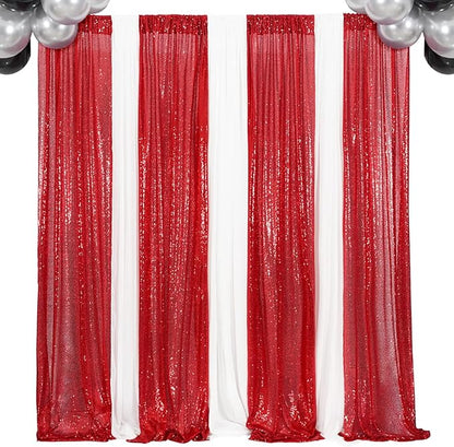 4Pcs 2Ft x 8Ft Red Sequin Backdrop Curtains, Glitter Photography Background, Sequence Xmas Thanksgiving Backdrop (Red, 4 pcs-2ftx8ft)
