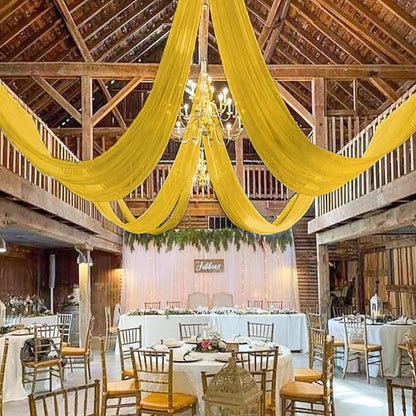 MODFUNS Ceiling Drapes for Parties Gold Ceiling Draping Fabric 5x20ft 4 Panels Sheer Wedding Arch Drapery Chiffon Stage Curtain Tent Ceiling Drape for Reception Banquet Arbor Ceiling Decoration