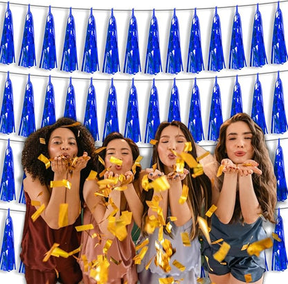 4P Blue Foil Fringe Tassel Banner Garland Metallic Tinsel Streamers Wall Hanging Curtain Backdrop Banner for Parade Floats, 2024 Graduation Decorations, Retirement Party Decoration