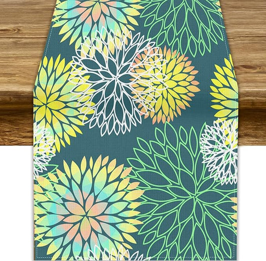 Green Dahlia Flower Table Runner, Linen Geometric Pattern Floral Table Decor Spring Farmhouse Decorations for Kitchen Dining Holiday Party Decor, 13x36 Inch