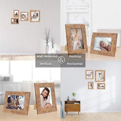 8x10 Picture Frame Set of 4, High Definition Real Glass Rustic Brown Frame, 8 x 10 Wood Photo Frames for Desktop Display and Wall Mounting
