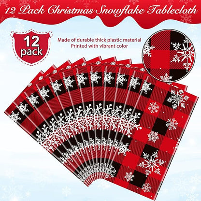 12 Pieces Red and Black Buffalo Plaid Merry Christmas Party Tablecloth Decorations,Plastic White Snowflake Buffalo Plaid Sign Table Cover for Winter Christmas Holiday Party Supplies,54x108 inch