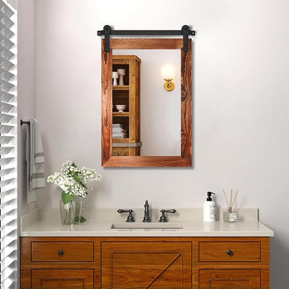 COGOOD Farmhouse Barn Door Wall Mirror - 25" X 38" Rustic Wood Framed Mirror for Bathroom, Living Room, Entryway Wall Decorative (Brown)