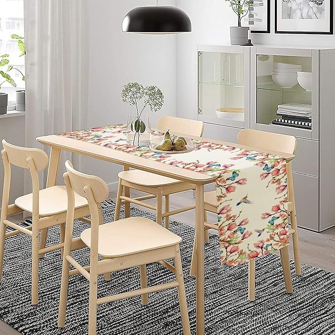 Flowers Table Runner,Floral Bird Butterfly Spring Table Cloth Kitchen Dining Table Home Party Decoration 13x108 Inch