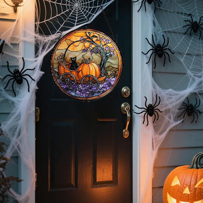 Stained Glass Window Hanging - Halloween Pumpkin Carriage Black Cat Suncatcher for Doors Window Garden Spooky Sun Catchers Gothic Decor Horror Gifts for Women Men Friend Boy Girl 11.8 in