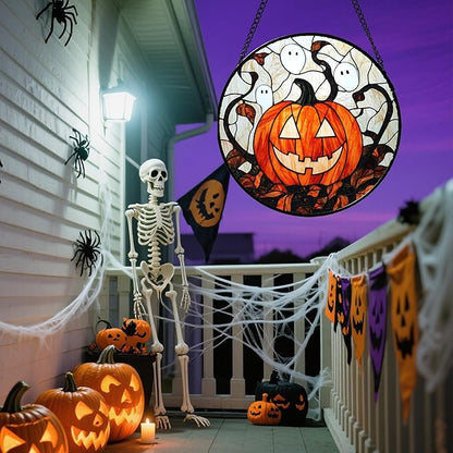 Stained Glass Window Hanging - Halloween Decorations Pumpkin Ghost Suncatcher for Doors Garden Indoor Spooky Funny Orange Sun Catchers Gothic Decor Horror Gifts for Women Men Friend 6.3 in