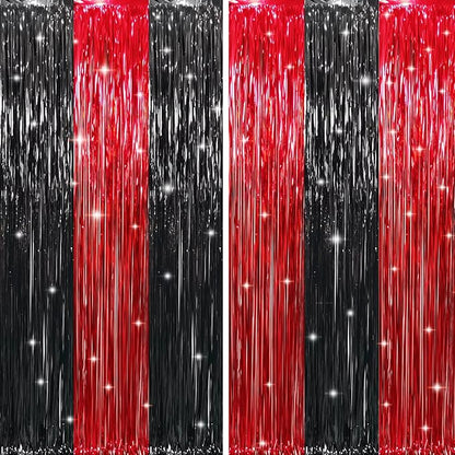 GOER 6.4 ft x 8.2 ft Metallic Tinsel Foil Fringe Curtains,Pack of 2 Party Streamer Backdrop for Birthday,Graduation Decorations and New Year Eve (Black&Red)