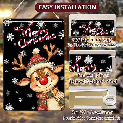 Christmas Reindeer Metal Tin Sign - Merry Christmas Sign for Outdoor & Indoor Decoration - 8x12Inch
