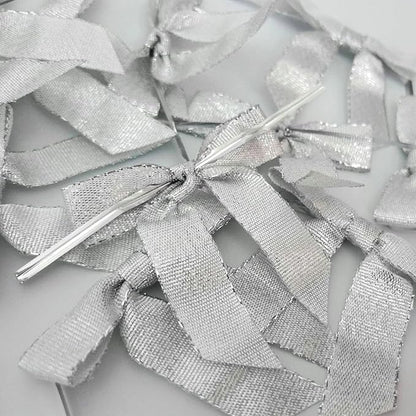 50pcs 2-1/2" Metallic Satin Silver Bows for Crafts Pretaied Christmas Bows with Twist Ties Hot Cut Tails for Christmas Decoration (Silver)