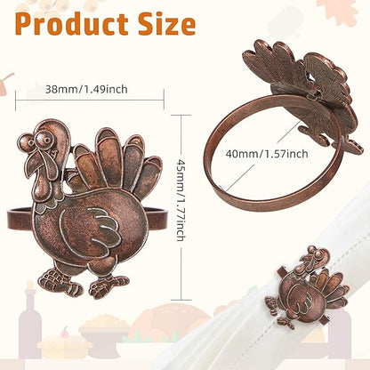 Halatool Thanksgiving Bronze Turkey Napkin Rings Set of 6, Funny Metal Festival Napkin Holders for Thanksgiving Weddings Holidays Gathering Dinner Party Decorations