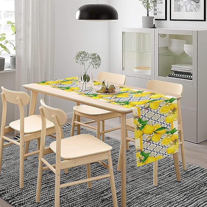 Lemon Table Runner,Spring Summer Seasonal Yellow Blue Table Runner for Kitchen Dining Table Home Party Decoration 13x36 Inch