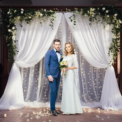 20×10ft White Tulle Backdrop Curtain with Lights String for Parties, Sheer Photo Backdrop Curtains for Wedding Party Photography Background