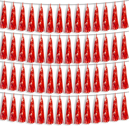 4P Red Foil Fringe Metallic Tassel Streamers Banner Tassel Garland for Parade Floats, Bachelorette, Wedding, Birthday, Halloween, Christmas, Bridal/Baby Shower Party Decorations