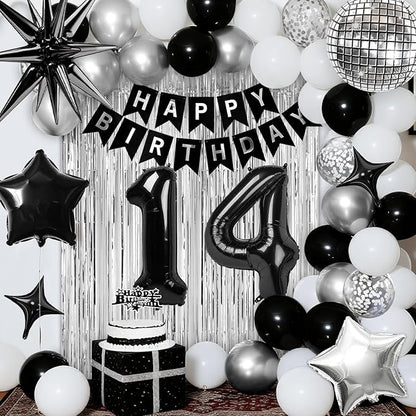 14th Birthday Decorations for Boys Girls, Black Silver Happy Birthday Party Decorations， 14 Year Old Party Supplies with Number 14 Balloons, Banner, Fringe Curtains Kit