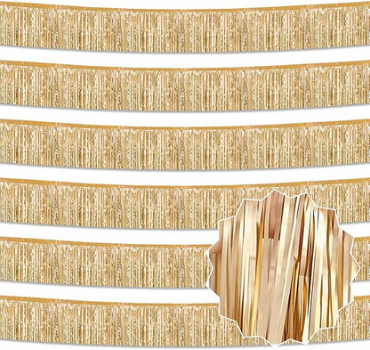 6 Pack 10 Ft Champagne Gold Foil Fringe Garland Metallic Streamers Tinsel Banner Wall Hanging Garland Backdrop for Parade Floats, Halloween, Christmas, Thanksgiving, New Year Party Decorations