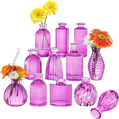 12PCS Hot Pink Vase for Flowers, Small Glass Bud Vases for Centerpieces Purple Flower Vase in Bulk for Home Office Decor