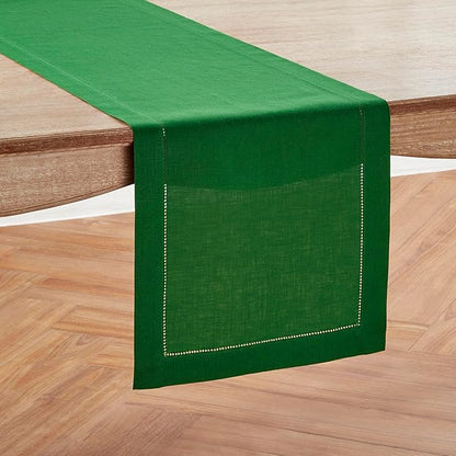 Solino Home Linen Garden Green Table Runner 108 Inches Long - 100% Pure Linen Hemstitch 14 x 108 Inch Table Runner for Dining, Christmas - Classic Hemstitch