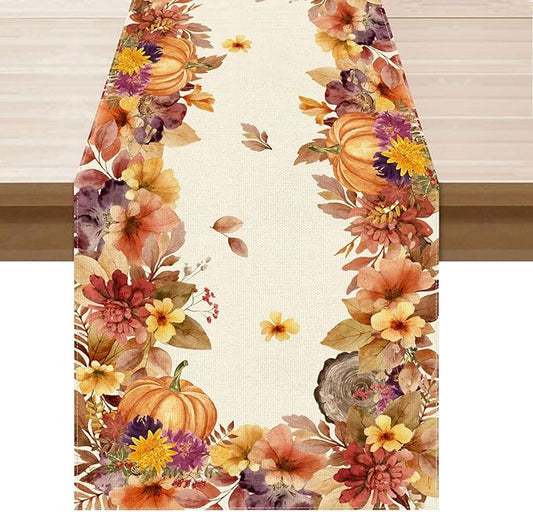 XCHI Fall Color Wild Flowers Watercolor Table Runner Table Decoration for Kitchen Dining Dinner Autumn Home Decor 13x90 Inch