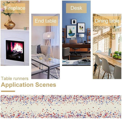 Independence Day Table Runner, 4th of July Red Blue Stars American President Day Holiday Confetti Print Table Cover for Kitchen Dining Table Indoor Outdoor Party, 13x108inch