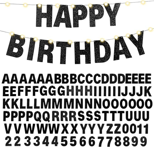 TaoBary 112 Pcs DIY Letter Kit Glitter Customizable Banner Letters Include 107 Letters and Numbers 3 Rope and 2 Needles for Birthday Halloween Christmas Wedding Valentine Party Decor(Black)