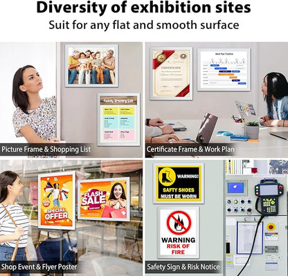 10Packs Magnetic Sign Holder 8.5 x 11, Self Adhesive Display Picture Frame with Magnetic Frame and Clear PVC for Office Store Home Door Window Refrige Magnetic Paper Holder, Silver