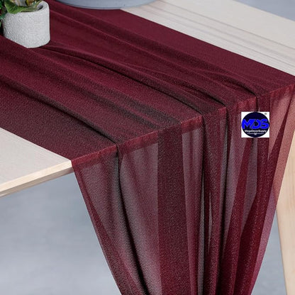MDS 15 Pack 10ft Chiffon Table Runner 29 x 120 Inches Sheer Wedding Runner Romantic Rustic Table Runner for Wedding Decorations, Birthday Parties, Bridal Shower Party Arch Decor - Burgundy