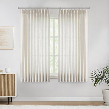 Vision Home Natural Pinch Pleated Semi Sheer Curtains Textured Linen Blended Light Filtering Window Curtains 72 inch for Living Room Bedroom Patio Pinch Pleat Drapes with Hooks 1 Panel 60" Wx72 L