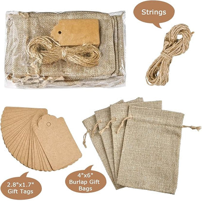 Jutieuo 25pcs Small Burlap Bags with Drawstring - 4x6 Inch Reusable Premium Linen Sacks Bags with Tag and String, Mini Gift Bag for Wedding Party Favor, Jewelry Pouches, Coffee, DIY Craft